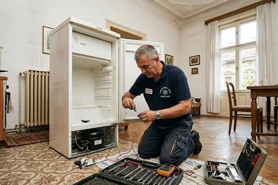 Servis frižidera Zemun — majstor vrši popravku frižidera na terenu u Zemunu