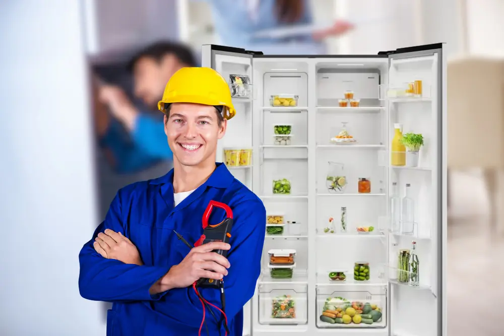 Servis Electrolux frižidera Beograd — majstor sa strujnim kleštima ispred otvorenog side by side frižidera