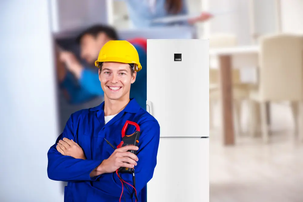 Servis Zanussi frižidera Beograd — majstor sa strujnim kleštima pored belog Zanussi kombinovanog frižidera