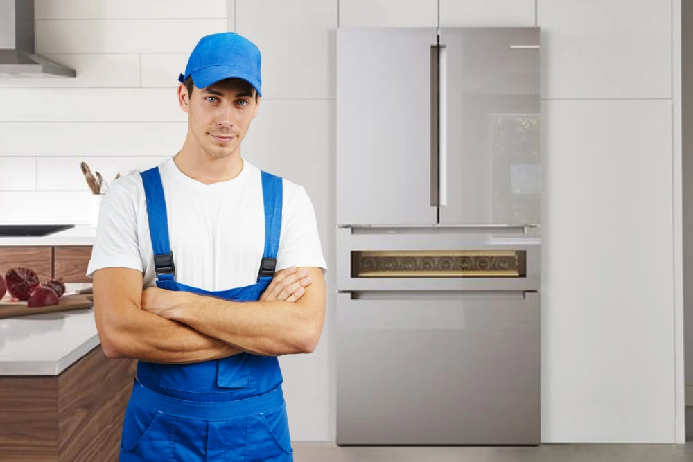 Servis Bosch frižidera Beograd — serviser ispred Bosch French door frižidera u kuhinji