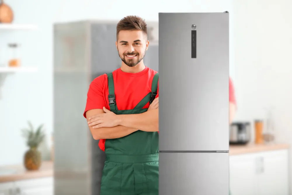 Servis Hoover frižidera Beograd — serviser pored Hoover kombinovanog frižidera sa displejem na vratima